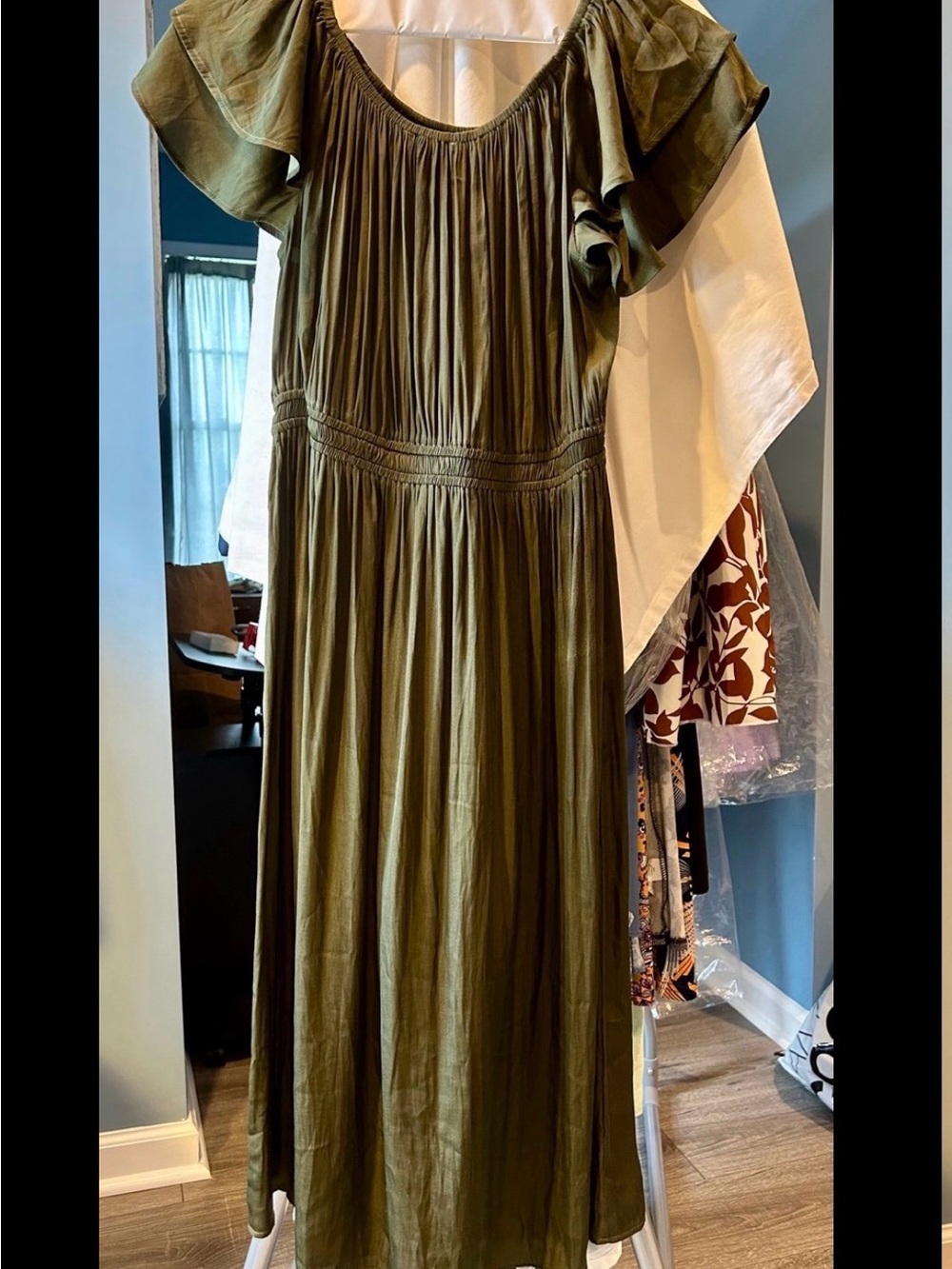 LOFT Olive Green Ruffle Sleeve Maxi Dress